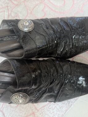 Brighton Black Patent Leather Mules with Ruched Upper